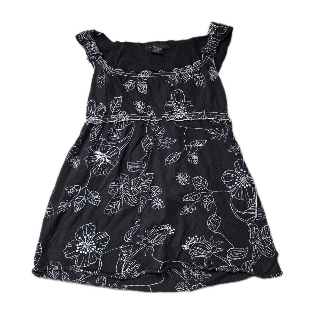 BCBG Max Azria Black White Floral Embroidered Cotton Babydoll Top Size L EUC
